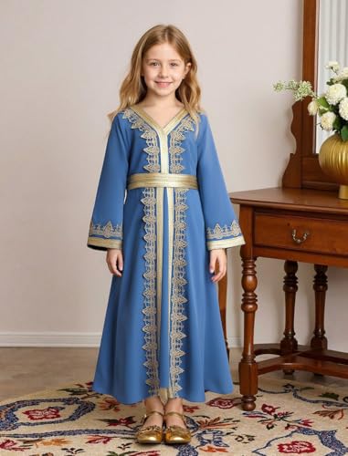Muslim Dress for Kids Girls Abaya Middle East Ramadan Long Sleeve Lace Prayer Dress Arabic Kaftan with Belt - color: Blue, size: 5-6 Years