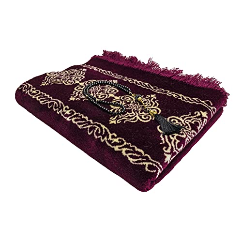 Modefa Turkish Islamic Prayer Rug - Large & Wide Soft Velvet Janamaz - Comfortable Muslim Praying Mat for Men & Women - Ramadan or Eid Gift - with Prayer Beads Tesbih - Grand Plush (Plum) - color: Plum