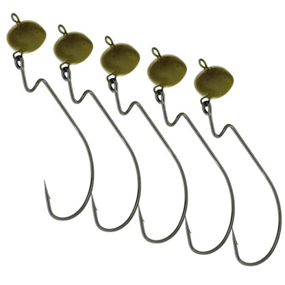 Reaction Tackle Football Swing Jig, Free-Swinging Hook with Football Head for Bass Fishing, Deep Water and Rocky Terrain (5-Pack) - color: Green Pumpkin, size: 3/8 Oz