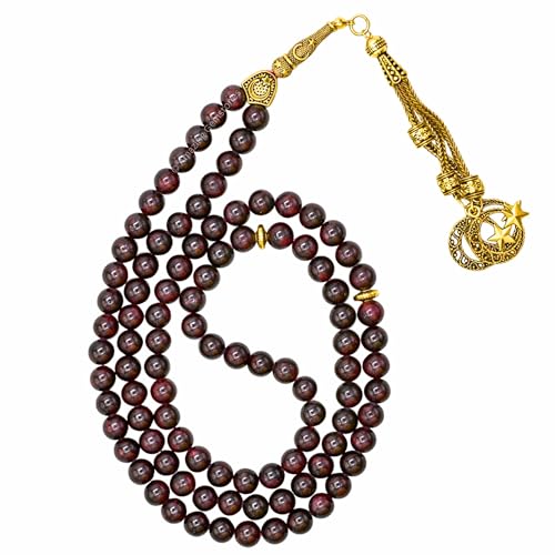 Amazing Gemstone Crystal Tasbeeh with Moon and Star Charm - Certified Crystal Muslim Prayer Beads Natural Gemstone Tasbih Gift for Ramadan Dhikr and Daily Namaz (G) - color: Garnet