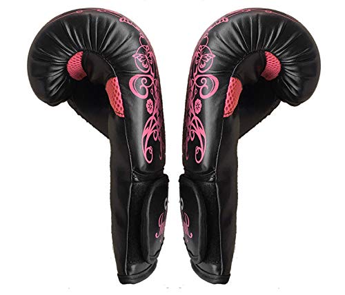 Womens Boxing Gloves Kids MMA Training Ladies Punching Mitts Girls Childrens - color: Black Flower Boxing Gloves, size: 16Oz