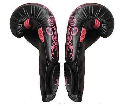 Womens Boxing Gloves Kids MMA Training Ladies Punching Mitts Girls Childrens - color: Black Flower Boxing Gloves, size: 16Oz