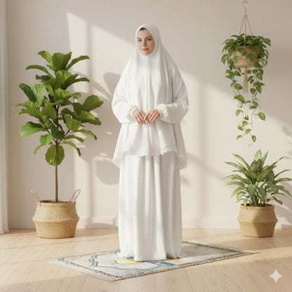 Women's Prayer Dress 2 Pieces Microfiber Solid Color Plus Long Sleeve | One-Size | Hijab Abaya Suit - color: White