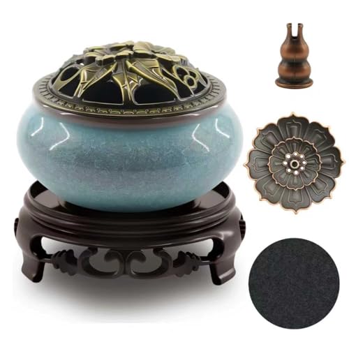 Ceramic Incense Burner with Lotus Incense Holder, Multi-Functional Incense Burner Holder for Incense Sticks, Coil Incense and Cones, Perfect Home Decor (Blue) - color: Blue