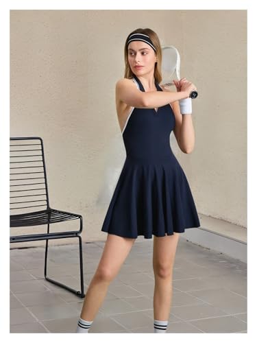 Tennis Dress Hanging Neck Contrast Lapel Sports One Piece Dress Yoga Tank Top Pad Polo Collar Tennis Skirts Gym Suit - size: Large