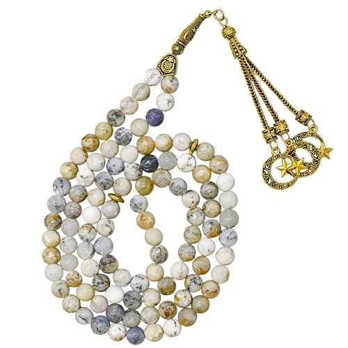 Amazing Gemstone Crystal Tasbeeh with Moon and Star Charm - Certified Crystal Muslim Prayer Beads Natural Gemstone Tasbih Gift for Ramadan Dhikr and Daily Namaz (G) - color: Dendrite Opal