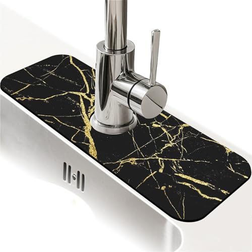 Kitchen Sink Splash Guard，Black gold marble-1 Faucet Mat Sink Gadgets-Super Absorbent Fast Drying Mat Drip Catcher for Kitchen, Bathroom,Sink Mat, Dish Drying Mat, Bathroom(15" X 5.5" ) - color: Black gold marble-1
