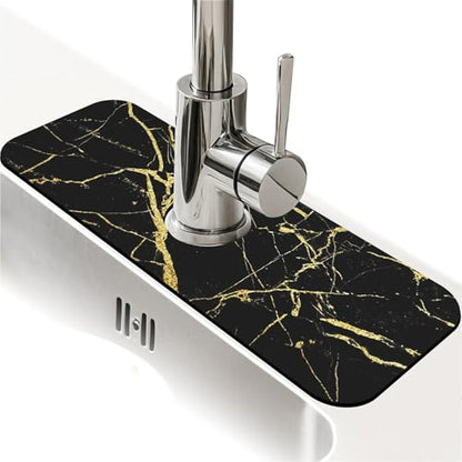 Kitchen Sink Splash Guard，Black gold marble-1 Faucet Mat Sink Gadgets-Super Absorbent Fast Drying Mat Drip Catcher for Kitchen, Bathroom,Sink Mat, Dish Drying Mat, Bathroom(15" X 5.5" ) - color: Black gold marble-1