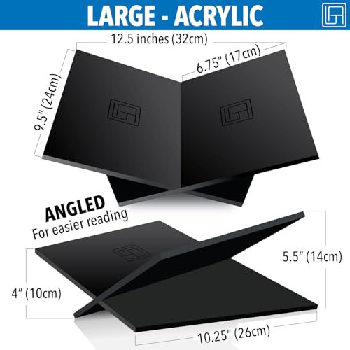 Large Black Acrylic Book Stand, 12.5" x 9.5" x 5.5”, Acrylic Book Holder, Open Bookstand for Display and Reading Cookbooks, Art Books, Bibles, Magazines - Home and Office - color: Black, size: Large