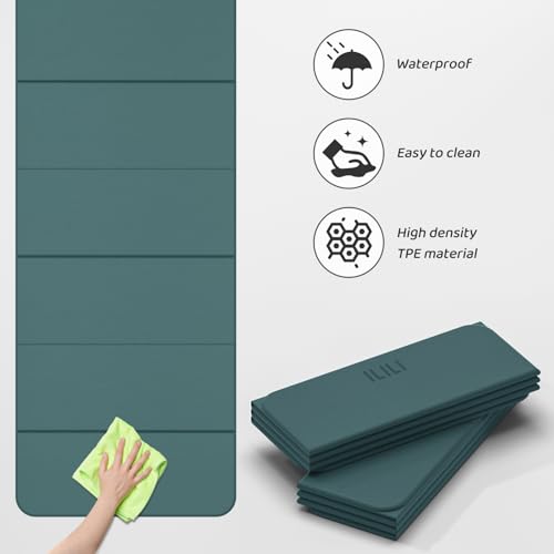 ILILI Foldable Yoga Mat 71 * 24 * 0.3 Inch | Lightweight TPE Non Slip Exercise Mat, Waterproof Portable Fitness Mat for Home Gym, Pilates, Stretching & Daily Workouts - color: Dark Green
