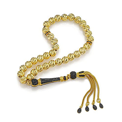 925 Sterling Silver Gold Plated Onyx Islamic Prayer Beads Rosary Tasbeeh Misbaha