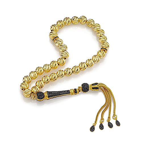 925 Sterling Silver Gold Plated Onyx Islamic Prayer Beads Rosary Tasbeeh Misbaha