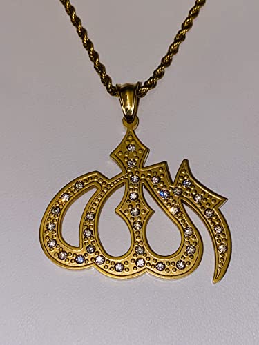Allah Pendant Necklace – 14K Gold Finish Iced Out Religious Charm with Stainless Steel 3mm Rope Chain, Islamic Muslim Jewelry for Men & Women - size: 24" Necklace
