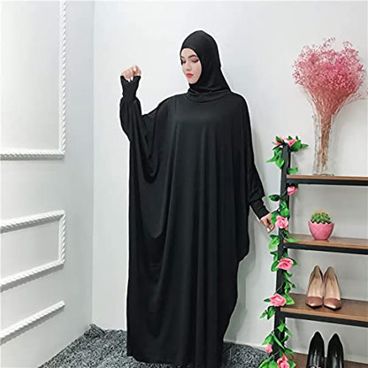 FPOVFPO Womens Solid One-Piece Prayer Dress Muslim Abaya Islamic Maxi Breathable Ramadan Dress Kaftan Hijab - color: Black