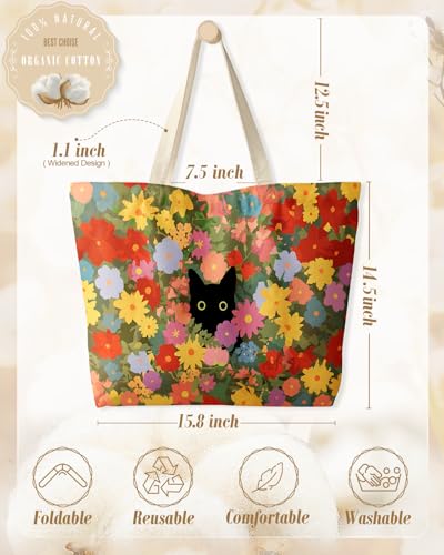Miss Adola Large Tote Bag for Women - Canvas Tote Bag with Zipper Aesthetic Reusable Shoulder Bag for Gym, Travel, Work - style: Cat in Flower