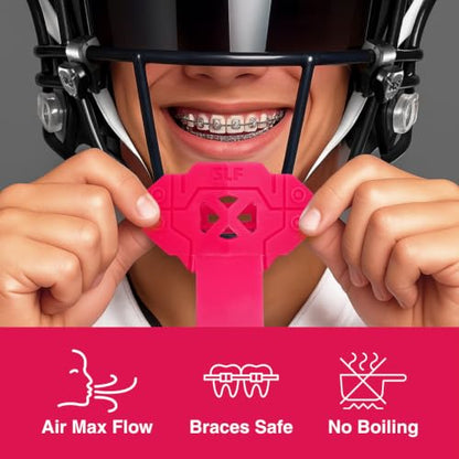 SLEEFS X Football Mouth Guard - Lip/Mouthguard with Helmet Strap - Lip/Teeth Protector Mouthpiece - Moldable - for Youth, Men & Women. Maximum Air Flow. All Sports (Pink) - color: Pink