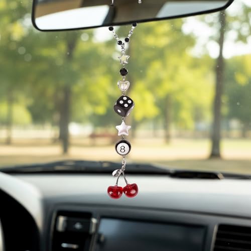 Cherry Car Charm - Silver Black 8 Ball Dice with Beads Rear View Mirror Charms Cars Accessories, Interior Y2K Aesthetic Hanging Ornament Pendant for Women Men - style: Cherry