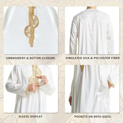zhxinashu Thobe for Men Islam Long Sleeve Mens Kaftan Thobe Muslim Men Clothing - color: White, size: 3X-Large