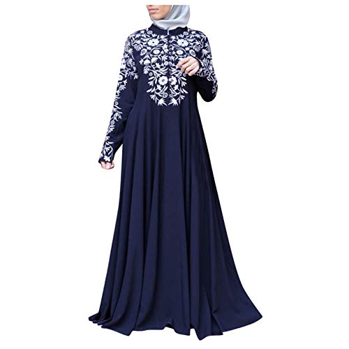Islamic Fashion Dresses Middle Eastern Ethnic Kaftan Button Print Muslim Long Dress Dubai Turkey Arab Jilbab Dress - color: Blue, size: XX-Large