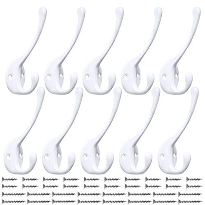 10 Pack Heavy Duty Dual Coat Hooks Wall Mounted with 20 Screws Retro Double Hooks Utility Black Hooks for Coat, Scarf, Bag, Towel, Key, Cap, Cup, Hat (White) | Heavy Duty Dual Coat Hooks Wall Mounted Retro Utility Hooks for Scarf, Towel, Key, Cap, Cup, Ha