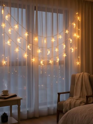 30 LED Star and Moon String Lights, Warm White Decorative Fairy Lights for Nursery, Bedroom, and Wedding Decor, Battery Operated - style: White Star Moon