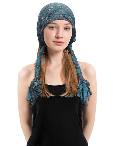 ZLYC Chemo Headwear Long Pre Tied Head Scarf Beanie for Women - color: Braid Flowers Blue