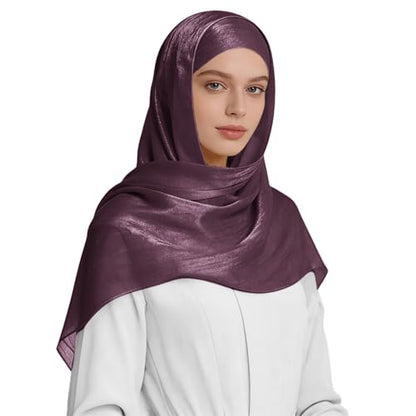 Premium Hijab Head Scarf for Women Lightweight Shimmer Hijab Head Wrap Scarves Crepe Satin Scarf Shawl Wrap - color: Purple