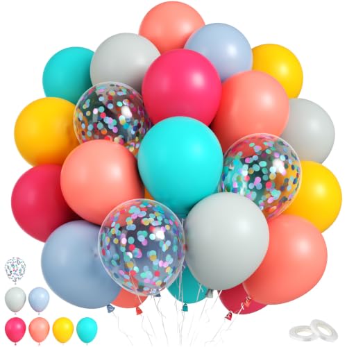 Retro Rainbow Balloons,50Pcs 12 Inch Boho Birthday Baby Shower Decor - color: Coral Blue Yellow