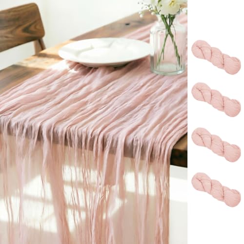 LINXTAR Dusty Pink Cheesecloth Table Runner 4 Pack 160 Inches 14Ft Gauze Summer Boho Table Runner for Wedding Tea Party Baby Shower Bridal Birthday Home Decoration - color: Dusty Pink, size: 14ft 4Pack