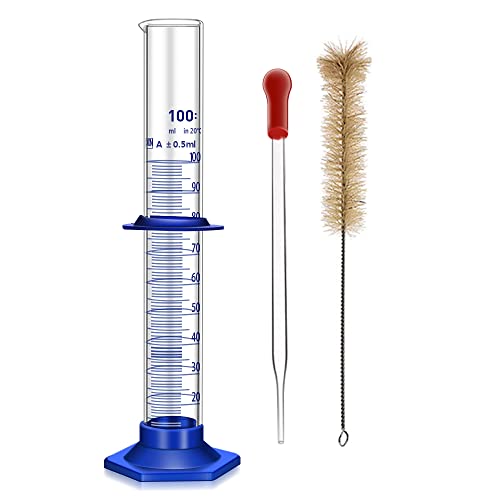 Thick Glass Graduated Cylinder Measuring Liquid Lab Cylinders with Anti-Falling Plastic Base and Bumper Guards and Cylinder Brush (Glass, 100ML) - size: 100ML