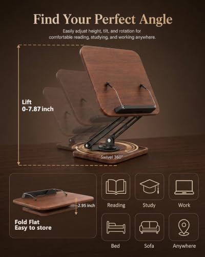 Adjustable Book Stand for Reading with Light, Book Holders for Reading Hands Free, Ergonomic Reading Stand for Cookbooks,Bibles,Laptop & Tablet with Page Clips & 360° Rotating Bases for Study & Office