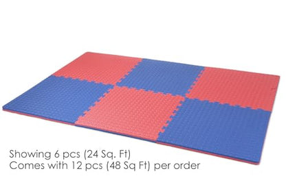 Xspec 1" Extra Thick 48 sq ft Reversible EVA Gym Foam Floor Mat Tiles (24" x 24"), Steel Pattern, 12 pcs, Blue & Red - color: Blue/Red