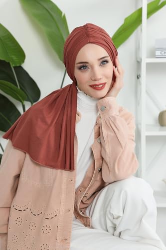 Aisha's Design Instant Hijab Scarves for Women, 95% Cotton Pretied Bonnet Turban Easy to Wear Cotton Headscarf - color: Cinnamon