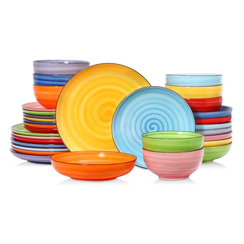 Selamica Ceramic Plates and Bowls Sets,32 Pieces Dinnerware Sets for 8,Scratch Resistant Dish Set for holiday gathering,Dishwasher & Microwave Safe, Dopamine Colors - color: Dopamine colors, size: Service for 8 (32 Pcs)