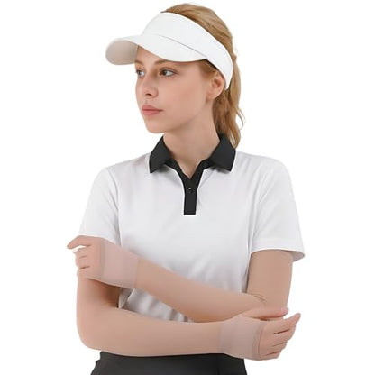 Premium Women's Golf Sheer Arm Sleeves (40D) MADE IN KOREA [SKIN TIGHT] UV‑Protective, Cooling, Quick Dry - color: Sheer Natural [Hand Cover W. Thumb Hole], size: Small to Medium