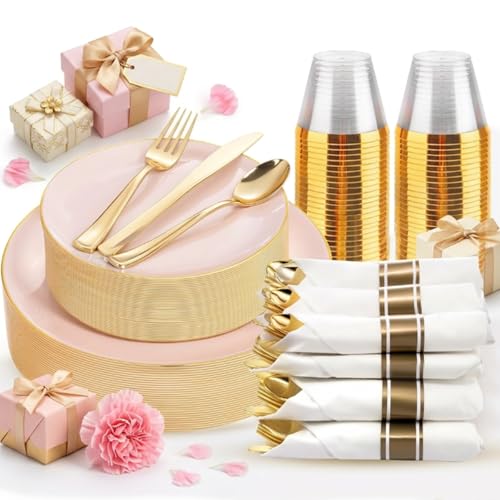 KIRE 175PCS Pink Plates Disposable - Pink and Gold Plates for Baby Shower - color: 175PCS - Pink and Gold