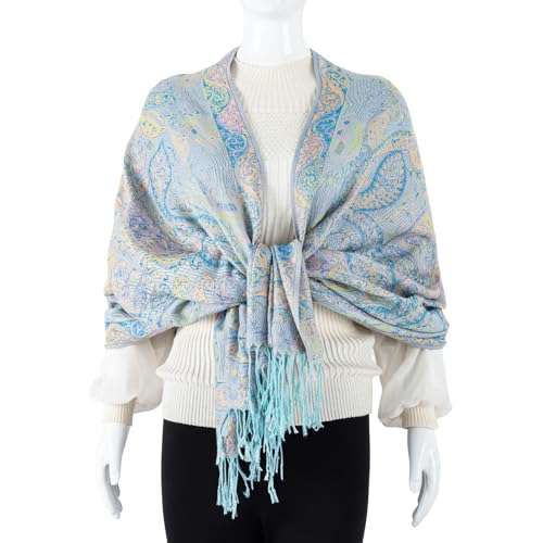 TUSHUSTY Pashmina Feel Shawls Wraps Rave Scarf for Women Soft Silky Reversible Men Scarves Hijab - color: Light Blue Yellow