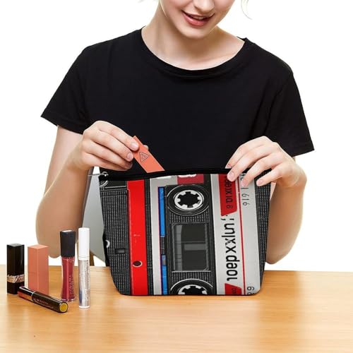 Red Tape Cassette Label Makeup Bag, Travel Toiletry Organizer, Cosmetic Pouch for Women, Birthday Presents for Mom Girls Women Sisters - color: Red Tape Cassette Label