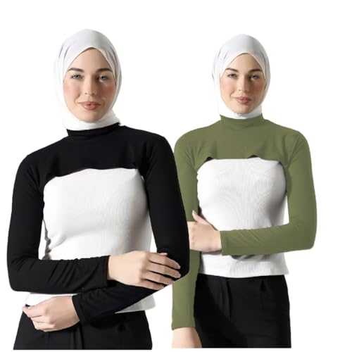 Modal Cotton Sun Protection Sleeves Cover for Women Mslim Islamic Conservative High Collar Vest Long Arm Sleeve Cover - color: Black Army