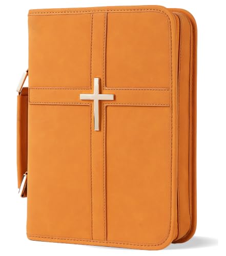 Vegan Leather Bible Cover Case, Bible Bag with Phone Pocket, Bible Case for Men Women, Christian Gift Box Packaging (Orange) - color: Orange