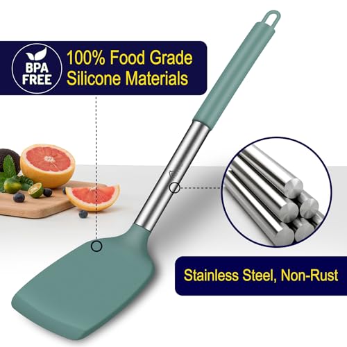 HOTEC Silicone Spatula Set of 2 Heat-Resistant 600F & BPA-Free Kitchen Spatula Turner with Stainless Steel Handles, Slotted & Solid Spatulas for Nonstick Cookware, 13.7 Inch, Sage Green - color: Sage Green