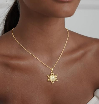 Gold Initial Necklaces for Women Dainty Pendant Letter Necklace 14K Gold Plated Jewish Star of David Religious Jewelry Personalized Gift Non Tarnish Waterproof 16.5-18.5 Inches - style: Initial M