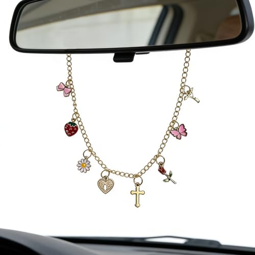Car Rearview Mirror Charm Gold Hanging Cross Butterfly Bow Ornament - color: Rosa Cross
