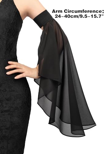 DAZCOS Victorian Long Tulle Sleeves for Women Chiffon Detachable Gloves for Wedding Dress Halloween Party Pageant - color: Black-02