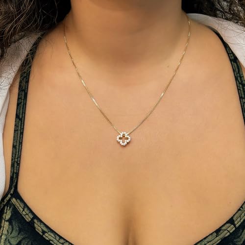 Gold Clover Necklace for Women, Four Leaf Clover Pendant with Crystal Rhinestones, Box Chain Necklace