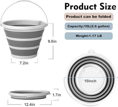 Collapsible Bucket, 2.6 Gallon (10L) Portable Water Pail, Foldable Design with Handle, for Garden, Car Wash, Camping - color: B001-gray