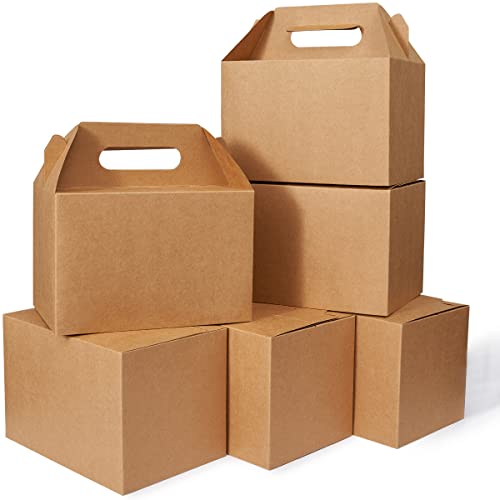 Happyhiram 50 Pack Brown Kraft Large Gable Boxes with Handles, 9x6x6 Inch - color: Kraft Brown, size: 1 Count (Pack of 50)