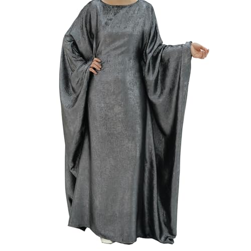 Prlemend Women Prayer Abaya Dubai Bat Sleeve Dress Islamic Printed Long Robe with Belt - color: Grey, size: 1