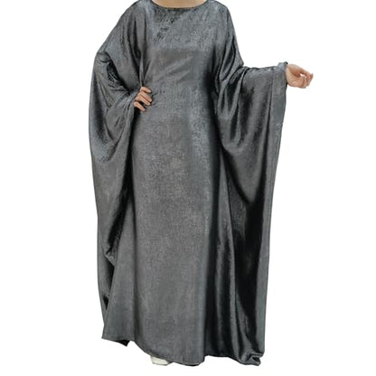 Prlemend Women Prayer Abaya Dubai Bat Sleeve Dress Islamic Printed Long Robe with Belt - color: Grey, size: 1