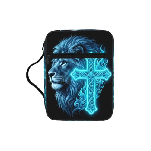 Blue Lion Cross Glow Bible Cover Case with Handle and Zippered Pocket - color: Blue Lion Cross Glow